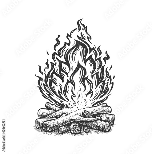 Campfire sketch. Fireplace, flame and firewood burning hand drawn vintage vector illustration