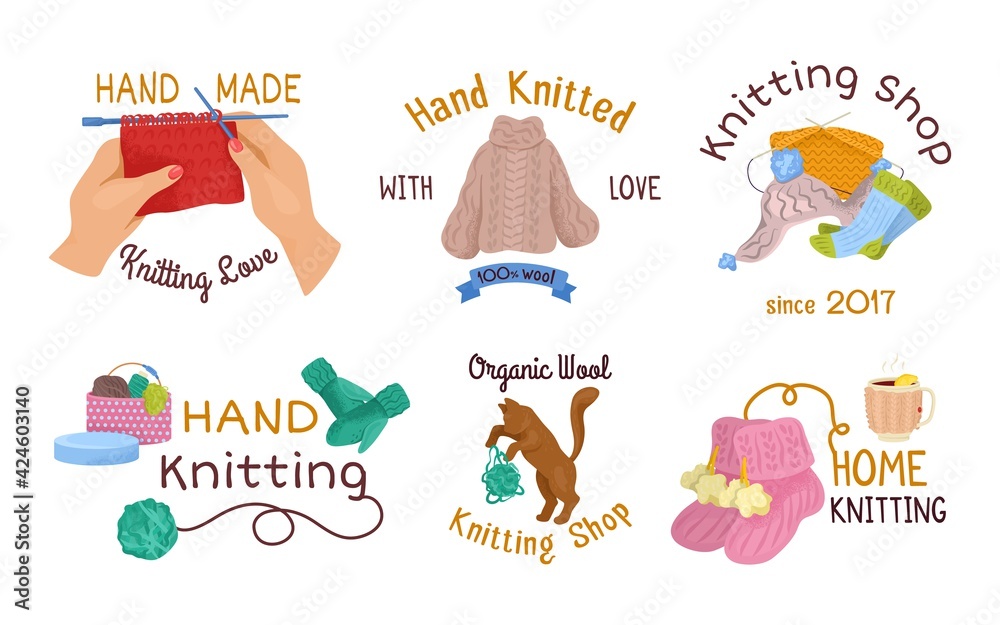 Naklejka premium Handmade craft logo, knit yarn set, vector illustration. Needlework hobby with thread, isolated on white design. Sewing and knitting workshop