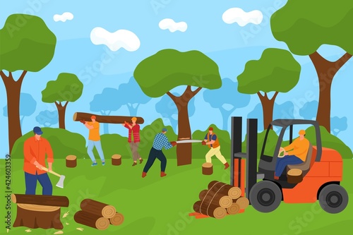 Lumberjack group in forest, vector illustration. Man people character cut tree, cartoon lumber, wood log. Woodcutter worker in logging