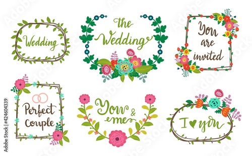 Floral vintage lettering for wedding card set, vector illustration. Wreath fr...