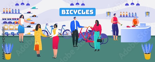 Bike shop, bicycle for people leisure, vector illustration. Man woman character at store service look at wheel transport for activity