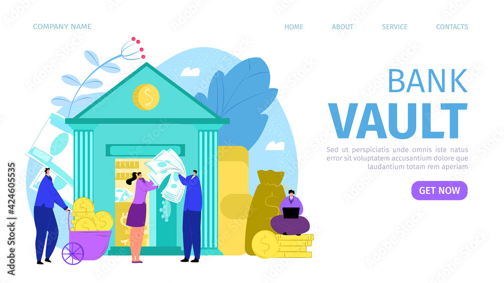 Financial saving, finance dollar currency in bank vault, vector illustration. Worker at credit counter web page, landing banner concept.