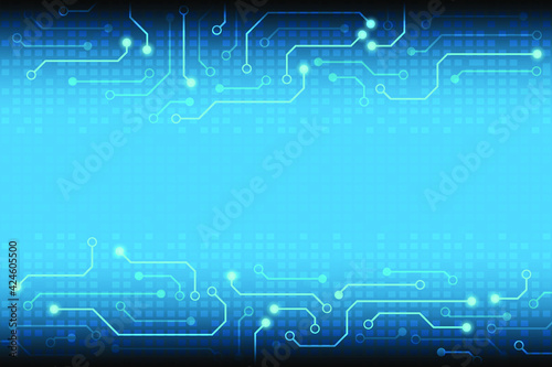 The vector circuit board on the blue screen with small polygonal color as a square style background and Glow point on the circuit for technology background