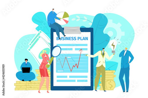 Business plan, vector illustration. Flat teamwork management, team people charcater work in office concept. Marketing project for costumer