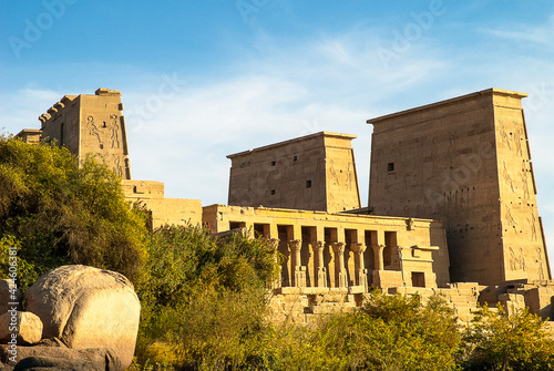 The Temple to Isis, Horus and Osiris on Philae Island on the River Nile in Egypt.Because of the Aswan Dam  Philae's temple complex was moved, piece by piece to a higher island where it was reassembled