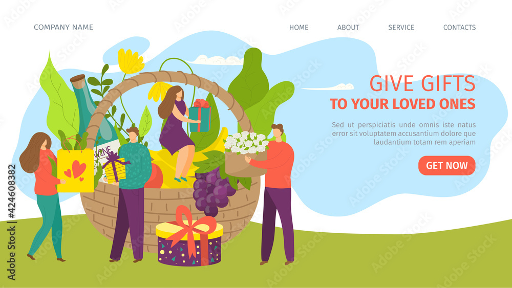 Give gift, flat design vector illustration. Happy man woman people character present box to each other, template page background.