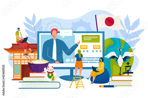 Language education online, learn japanese at internet school, vector illustration. Student man woman character learn how to speak distance technology