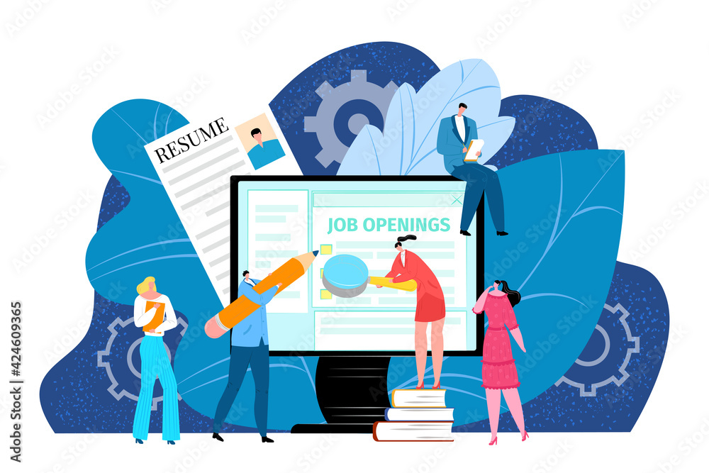 Business job openings at office screen concept, vector illustration. People man woman character work in team, hiring process. Workflow communication