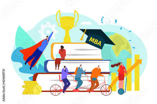 Mba education in flat business college university, vector illustration. Man woman people character study at school, course for success graduation