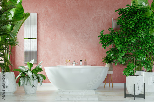 Modern Bathroom interior design on dark red color wall.