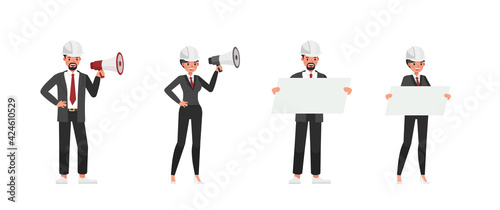 Set of engineer people working character vector design. Presentation in various action with emotions.