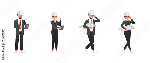 Set of engineer people working character vector design. Presentation in various action with emotions. no9
