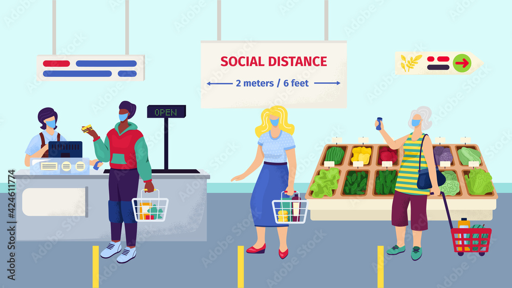 Social distance in supermarket, vector illustration. People protection from coronavirus disease in store, virus prevention in grocery queue.