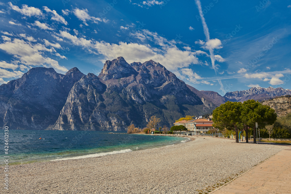 View of the beautiful Lake Garda Asurrounded by mountains,  Garda lake in the spring time,Trentino alto Adige region,italy