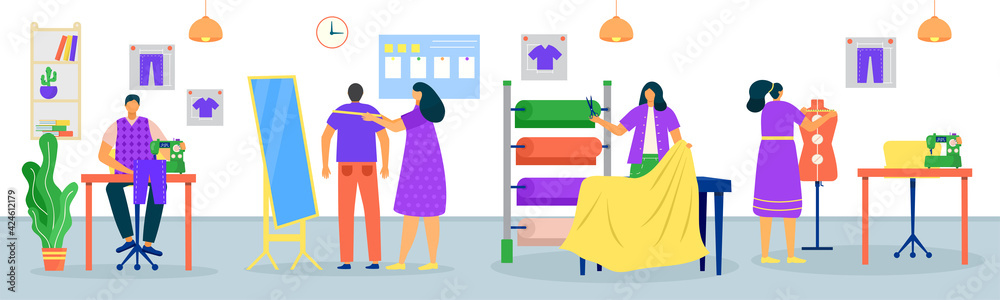 Sewing clothes in tailor shop concept, vector illustration. Man woman ...