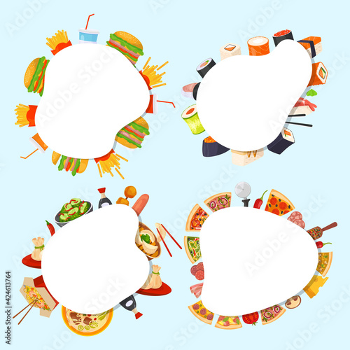 Set flat banner with food, place to insert design, vector illustration. Ingre...