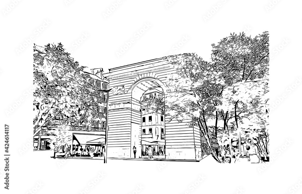Building view with landmark of Dijon is the capital city of the historical Burgundy region in eastern France. Hand drawn sketch illustration in vector.