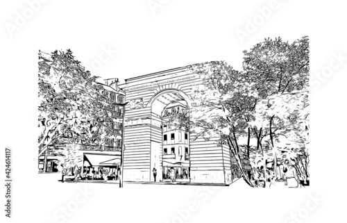 Building view with landmark of Dijon is the capital city of the historical Burgundy region in eastern France. Hand drawn sketch illustration in vector.