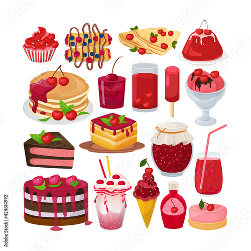Sweet dessert cherry, collection cartoon elements vector illustration. Delici...