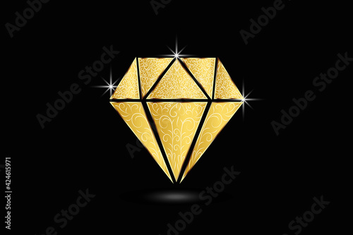 Gold diamond logo swirly floral brilliant sparkles jewelry sapphire gems luxury symbol image vector isolated on black background. 