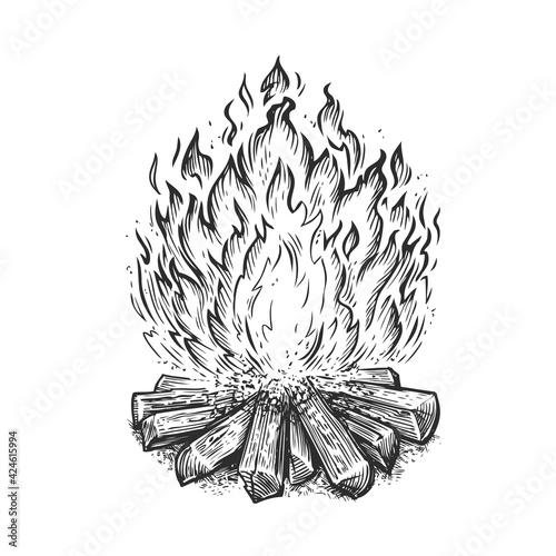 Hand drawn bonfire. Flame and burn firewood, fireplace sketch vector illustration