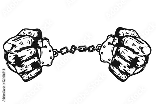 Fist with shackle by hand drawing.Graphic Hand Screen Printed T Shirt.Vector tattoo on white background	
