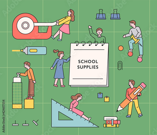 Student characters using huge school supplies. flat design style minimal vector illustration.