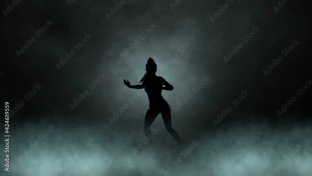 A modern youth dance performed by a graceful and sexy female silhouette, in the smoke against the backdrop of spotlights. A modern youth dance performed by a graceful and sexy female silhouette, in the smoke against the backdrop of spotlights.