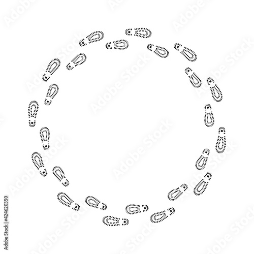 Footprints in a circle. Round shape. Footprint sign. Black footprints on white background. Stock vector image. EPS 10.