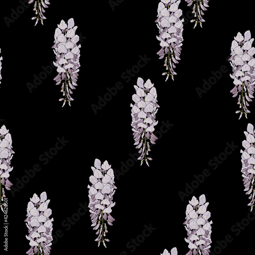 Seamless floral pattern with blooming branches of wisteria flower. Purple blossom on black background.