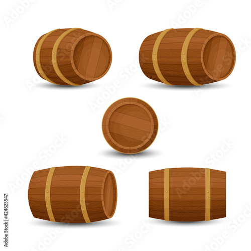 Collection of old wooden barrels from different angles. Horizontal rotation. Front, side and three quarters view. Cartoon style illustration. Vector.
