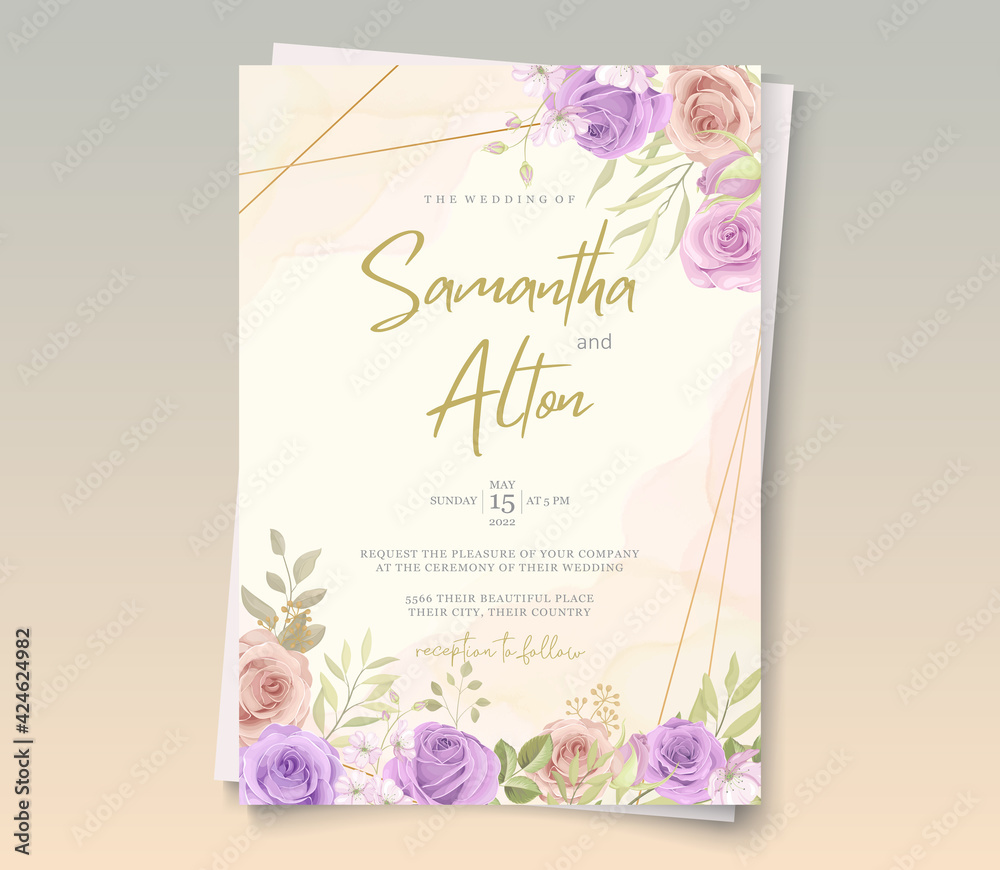 Elegant wedding card design with pink and purple roses ornaments