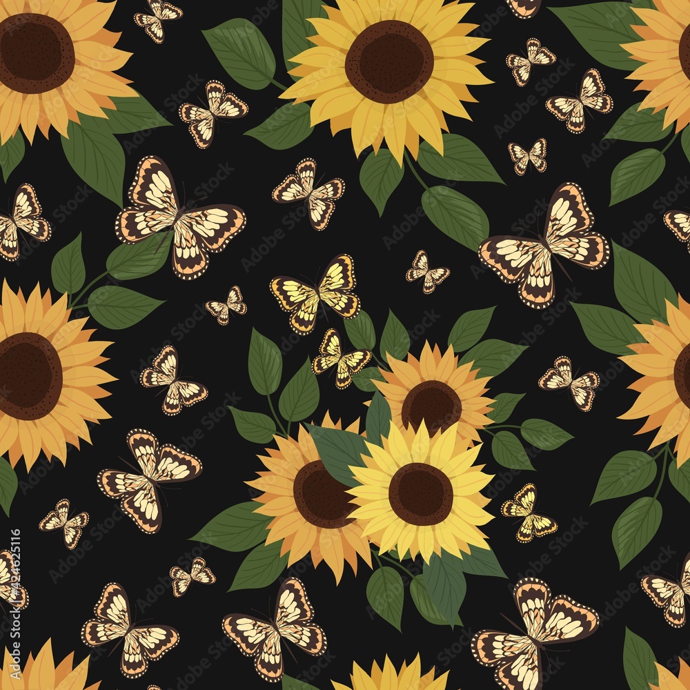 Sunflower and butterflies seamless pattern. Sunflower flower and leaves. Botanical element. Vector isolated pattern for design