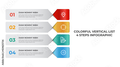 Vertical list infographic element template, business data visualization layout with 4 points of step vector.
