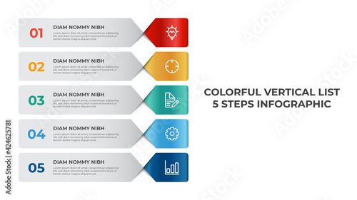 Vertical list infographic element template, business data visualization layout with 5 points of step vector.