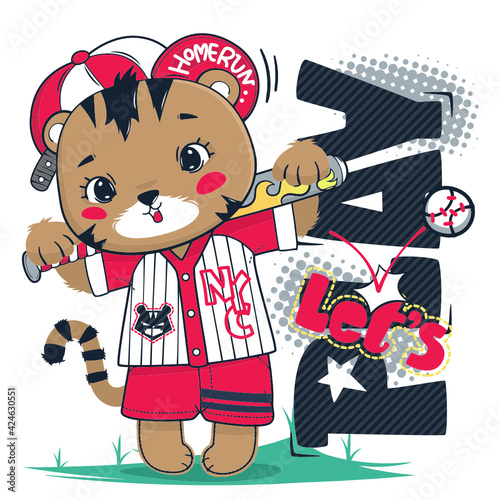 cute tiger baseball mascot bat standing