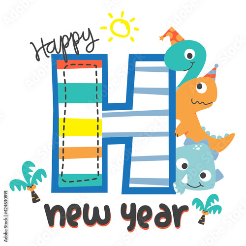 happy new year card cute dinosaurs