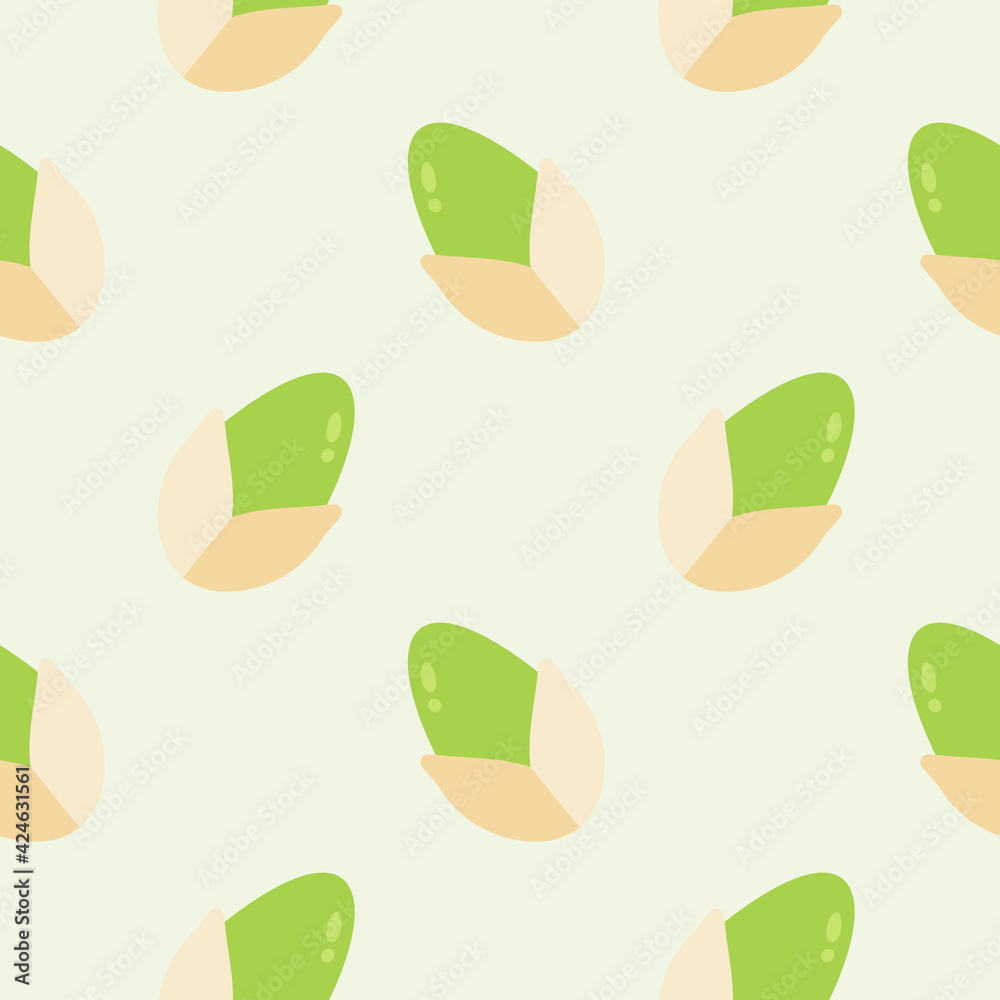pistachio flat design seamless pattern. Seamless pattern with leaves and vegetable. Vector illustration of art. Vintage background. Kitchen and restaurant design for fabrics, paper
