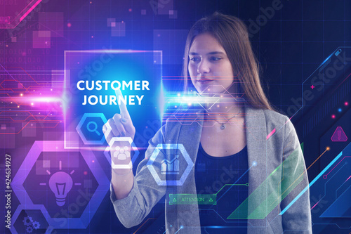 Business, Technology, Internet and network concept. Young businessman working on a virtual screen of the future and sees the inscription: Customer journey