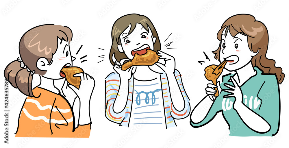 豪快に大胆にチキンを食べる女性3人