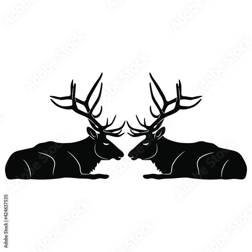 Symmetrical animal design or frame with two lying antlered deer bucks or elks. Black and white silhouette.