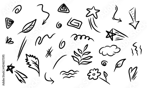 hand drawn set of abstract doodle elements with plant, star, swirl, swoosh, scribble, arrow, text emphasis. isolated on white background. vector illustration