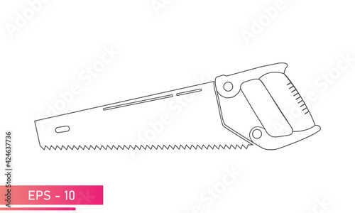 A large, comfortable wood saw. Linear design. On a white background. Carpenter tools. Flat vector illustration.