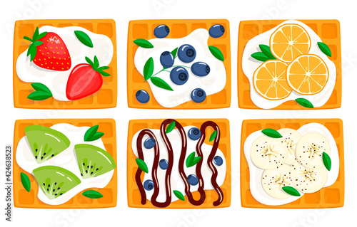 set with Viennese waffles, sour cream and berries. view from above. vector illustration in cartoon style isolated on white background
