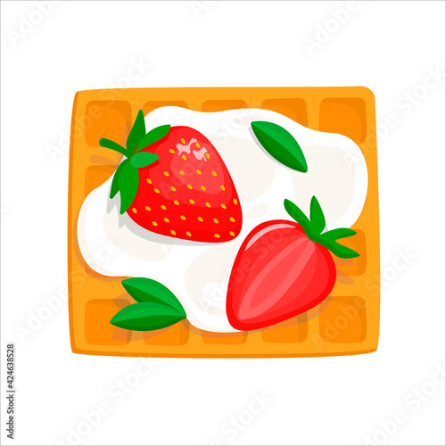 Viennese waffle with sour cream and strawberries. view from above. vector illustration in cartoon style isolated on white background