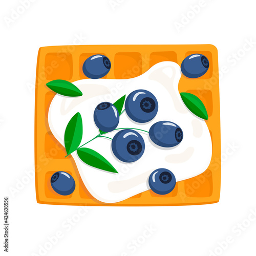 Viennese waffle with sour cream and blueberries. view from above. vector illustration in cartoon style isolated on white background