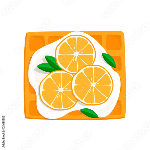 Viennese waffle with sour cream and orange. view from above. vector illustration in cartoon style isolated on white background