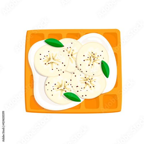 Viennese waffle with sour cream and banana. view from above. vector illustration in cartoon style isolated on white background