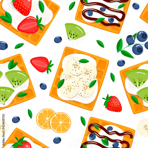 pattern with Viennese waffles, sour cream and berries. vector illustration in cartoon style isolated on white background