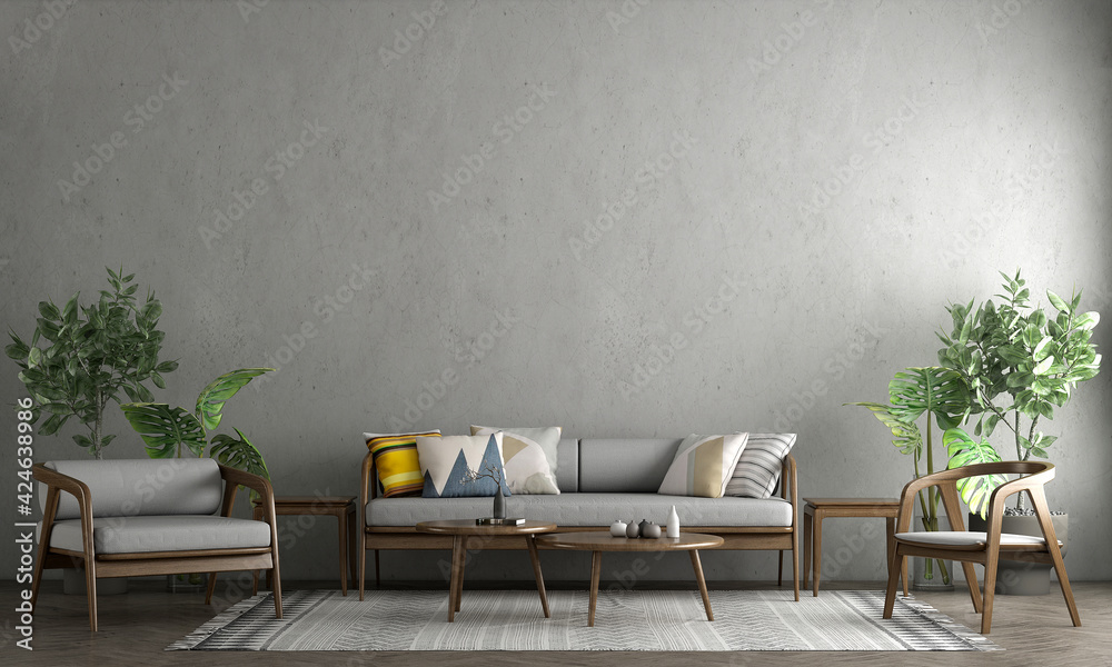 Cozy mock up interior design and living room and empty concrete wall background texture, 3D rendering